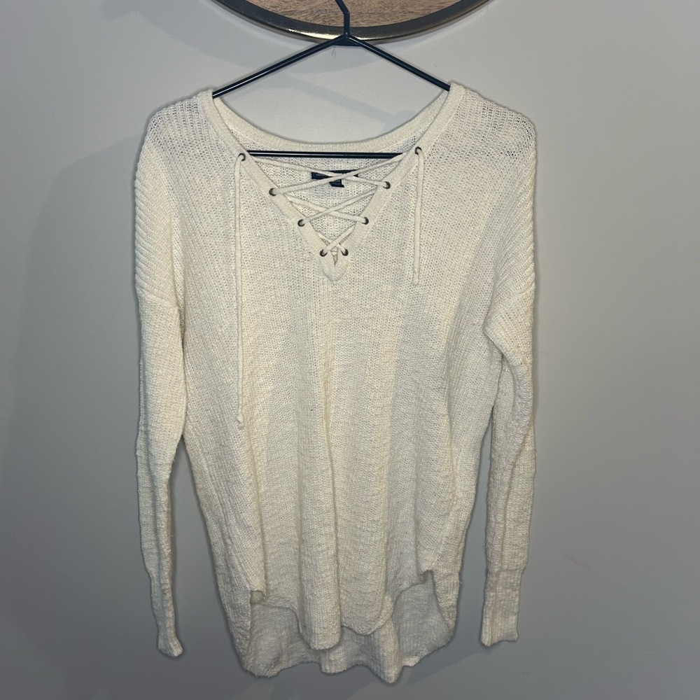 American Eagle Outfitters Cream Lace-Up Sweater